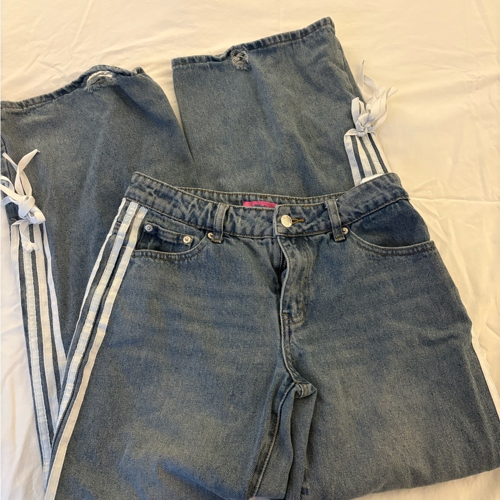Edikted Blue Straight Leg Jeans with White Stripes